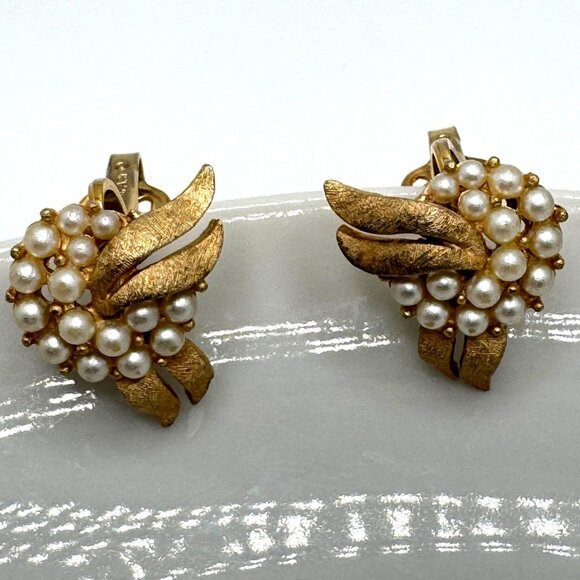 Vintage Trifari Gold-Tone Metal Wing Clip-On Earrings With Imitation Pearls - Picture 1 of 8